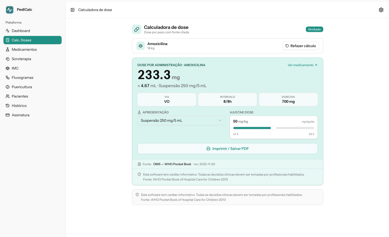 Calculadora Pediátrica no desktop — dose calculada de amoxicilina: 233,3 mg por administração, frequência 8/8h, dose diária 700 mg, via oral, com fonte citada