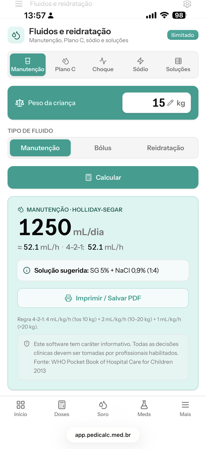 Calculadora Pediátrica — fluidos e reidratação: manutenção Holliday-Segar de 1250 mL/dia calculada para 15 kg